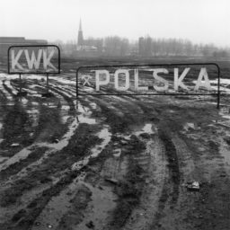 Rozjeżdżone przez samochody błoto, koleiny wypełnione wodą. W tle konstrukcja metalowa z nazwą dawnej kopalni. Napis KWK Polska.